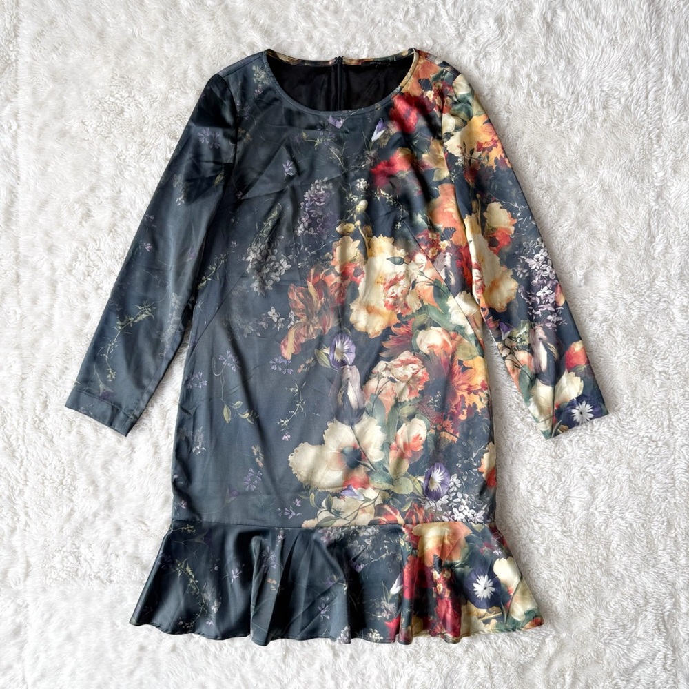 RIANI Woman Green Satin Floral Relax Pleated Hem US8 Fairy Whimsigoth Romantic